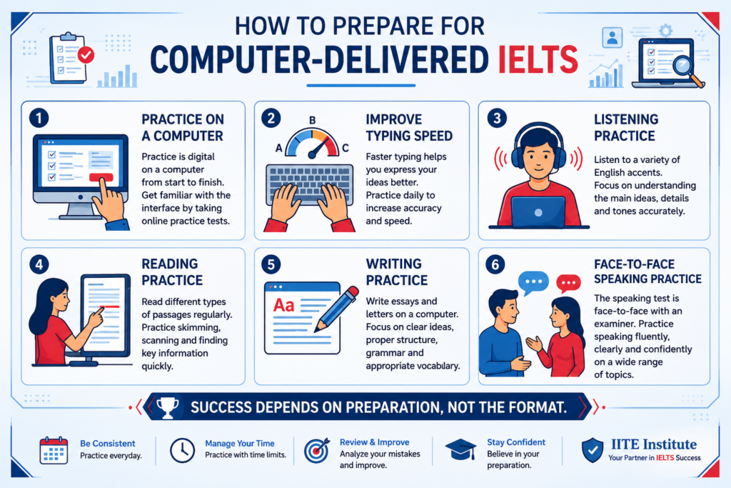 Preparation tips for the computer-delivered IELTS test including typing, reading, writing, listening and speaking practice